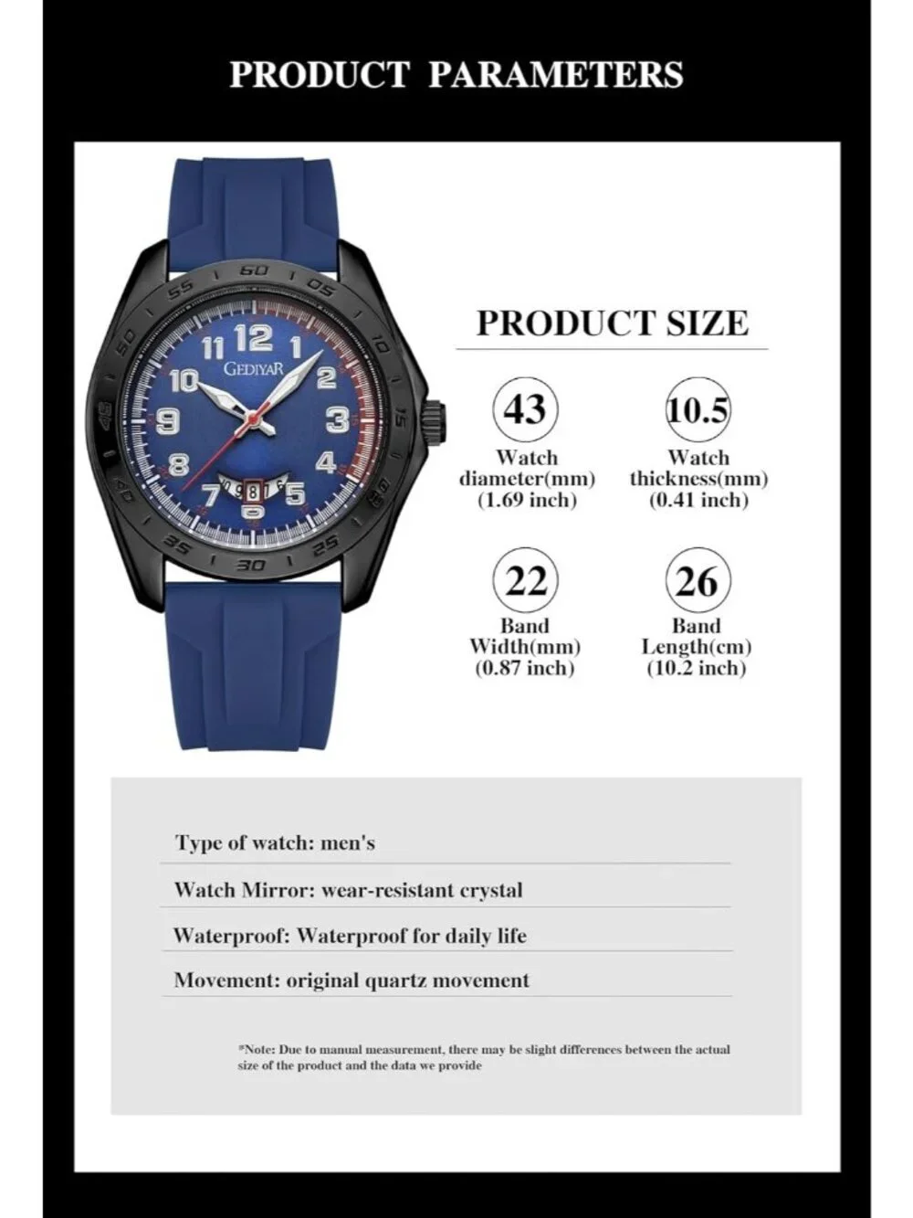 Men's Blue Analog Quartz Rubber Silicone Band Arabic Numbers Casual Wrist Watch